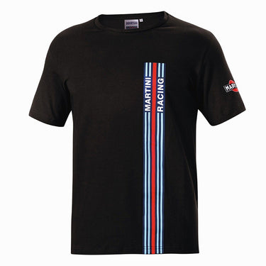Black t-shirt with Martini Racing logo and stripes on a white background
